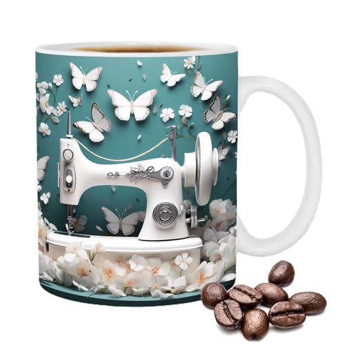 Lustige Kaffeetasse,Nähmaschinen Tasse,Flach bedruckte Nähmaschinen-Teetassen für Nähliebhaber,Kaffee Latte Tasse mit Blumenmuster,dekorative Wasserbecher,Geschenk für Damen und Herren von Niktule