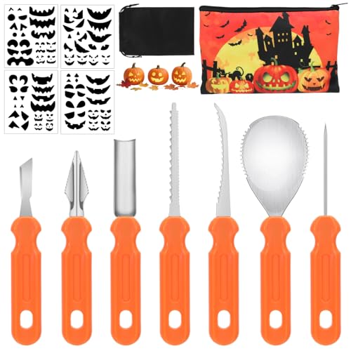 Nilioyul Halloween Kürbis Schnitzset, 13 Stück Schnitzwerkzeug Kürbis, DIY Halloween Dekoration mit Aufkleber und Aufbewahrungstasche für Kinder und Erwachsene von Nilioyul