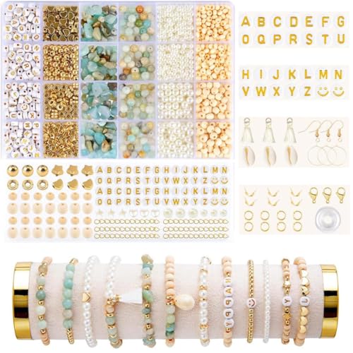 Nilioyul NatüRliche Amazonit Perlen FüR ArmbäNder, Boho Schmuck ArmbäNder Selber Machen Set, DIY Edelstein Pearl Set Mit Holzperlen FüR Kinder Erwachsene von Nilioyul