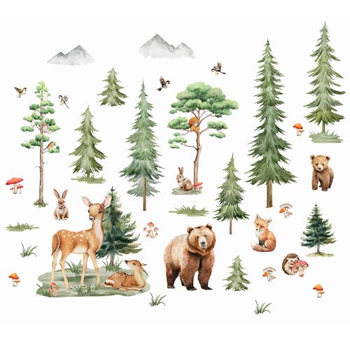 Wandtattoo Waldtiere Dschungeltiere Baum Zweig Große Kiefer Wandaufkleber Birken Bär Hirsch Fuchs Wandsticker Wanddeko für Kinderzimmer Babyzimmer Schlafzimmer Spielzimmer Dekor von Nilioyul