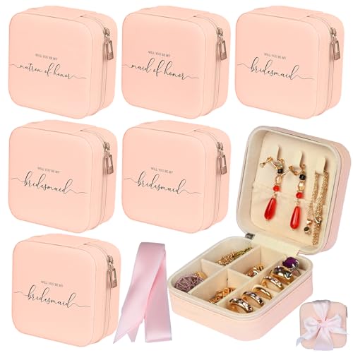 Schmuckkästchen für Brautjungfern, mit Schleife, Trauzeugin, kleine Reise-Schmuckschatulle für Frauen, Brautjungfernantrag, Hochzeit, 6 Stück Schmuckkästchen für Brautjungfern, mit Schleife, Trauzeugin, kleine Reise-Schmuckschatulle für Frauen, Brautjungfernantrag, Hochzeit, 6 Stück von Nimbbex