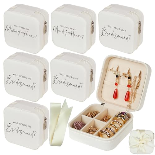 Schmuckkästchen für Brautjungfern, mit Schleife, Trauzeugin, kleine Reise-Schmuckschatulle für Frauen, Brautjungfernantrag, Hochzeit, 6 Stück Schmuckkästchen für Brautjungfern, mit Schleife, Trauzeugin, kleine Reise-Schmuckschatulle für Frauen, Brautjungfernantrag, Hochzeit, 6 Stück von Nimbbex