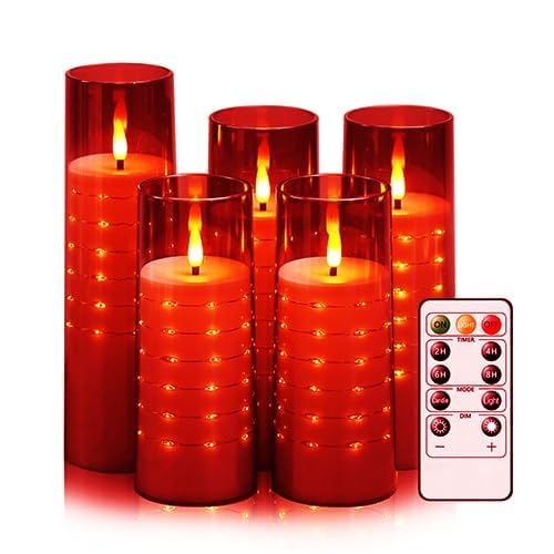 Nimiko Flammenlose Kerzen mit eingebettetem Sternenstrang - Flackernder Batterie-LED-Kerzen, realistische Flamme, Rot, 5er Set | Urlaubsdekoration, Hochzeit, Party, Ergänzung zur familiären Atmosphäre Nimiko Flammenlose Kerzen mit eingebettetem Sternenstrang - Flackernder Batterie-LED-Kerzen, realistische Flamme, Rot, 5er Set | Urlaubsdekoration, Hochzeit, Party, Ergänzung zur familiären Atmosphäre von Nimiko