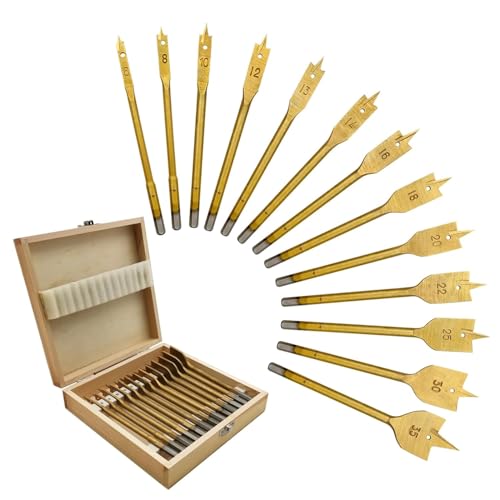 13-Teilig Flachfräsbohrer Set, 6-35mm Spatenbohrer Flachfräs Bohrer Set Holzbohrer Flach Bohrer Satz Titanbeschichteter Kohlenstoffstahl Drill Bit Set Für Mit Holzkiste Lochschneider Holzbearbeitung von Nimomo