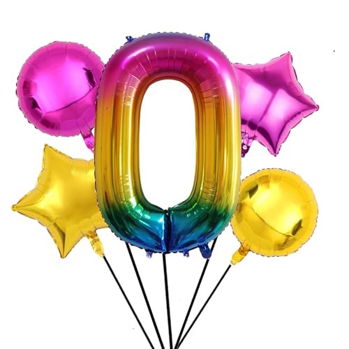 Nine San 5 Stück Regenbogen Zahl 0 Luftballons Set 100CM Giant Rainbow Zahlen 0 Folienballon Number Mylar Helium Zahlenluftballons Geburtstag Party Deko von Nine San