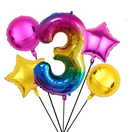 Nine San 5 Stück Regenbogen Zahl 3 Luftballons Set 100CM Giant Rainbow Zahlen 3 Folienballon Number Mylar Helium Zahlenluftballons Geburtstag Party Deko von Nine San