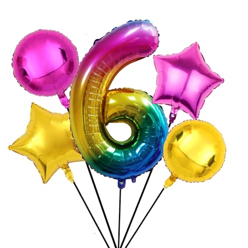 Nine San 5 Stück Regenbogen Zahl 6 Luftballons Set 100CM Giant Rainbow Zahlen 6 Folienballon Number Mylar Helium Zahlenluftballons Geburtstag Party Deko von Nine San
