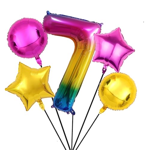 Nine San 5 Stück Regenbogen Zahl 7 Luftballons Set 100CM Giant Rainbow Zahlen 7 Folienballon Number Mylar Helium Zahlenluftballons Geburtstag Party Deko von Nine San