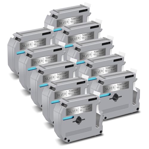 NineLeaf 10 Packung Ersatz für Brother P-Touch M-K931s M-K931 MK931 M-931 M931 12mm 0.47'' Bänder nicht Laminiertes Schwarz auf Silber Schriftband für Ptouch PT-45M 55BM 80SCCP Beschriftungsgerät von NineLeaf