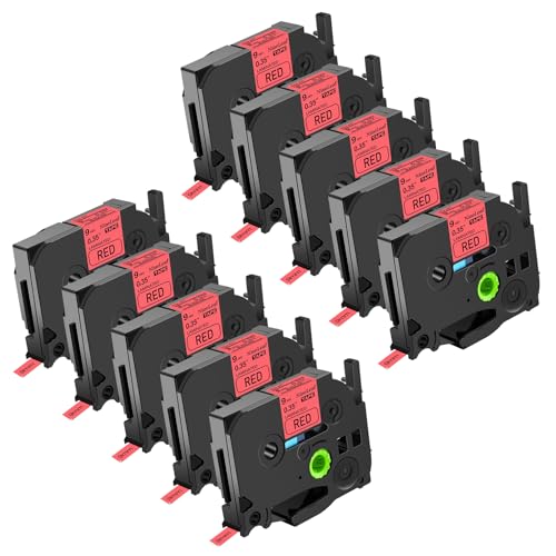 NineLeaf 10 Packung Ersatz für Brother P-Touch TZe-421 TZe421 TZ421 AZe 9mm 0.35'' Bänder Laminiertes Schwarz auf Rot Schriftband für Ptouch PT-D200 D450 D400VP D400 E300 E100 Beschriftungsgerät von NineLeaf