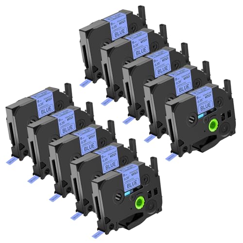 NineLeaf 10 Packung Ersatz für Brother P-Touch TZe-521 TZe521 TZ521 AZe 9mm 0.35'' Bänder Laminiertes Schwarz auf Blau Schriftband für Ptouch PT-D200 D450 D400VP D400 E300 E100 Beschriftungsgerät von NineLeaf
