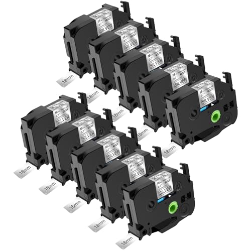 NineLeaf 10 Packung Ersatz für Brother P-Touch TZe-941 TZ-941 TZe941 TZ941 AZe 18mm 0.7'' Bänder Laminiert Schwarz auf Silber Schriftband für Ptouch PT-1880W 18R 18RKT Beschriftungsgerät von NineLeaf