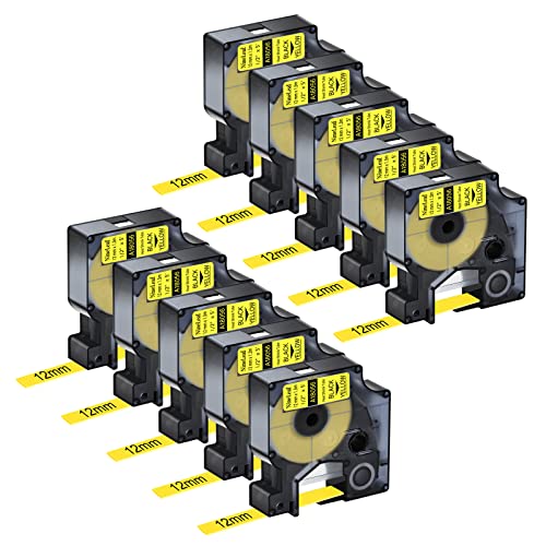 NineLeaf 10 Stück Industrieletiketten kompatibel mit DYMO 18056 Schrumpfschlauch-Etiketten für DYMO Rhino 4200 5200 5000 6000 industrielle Etikettenhersteller, schwarz auf gelb, 12 mm x 1,5 m von NineLeaf