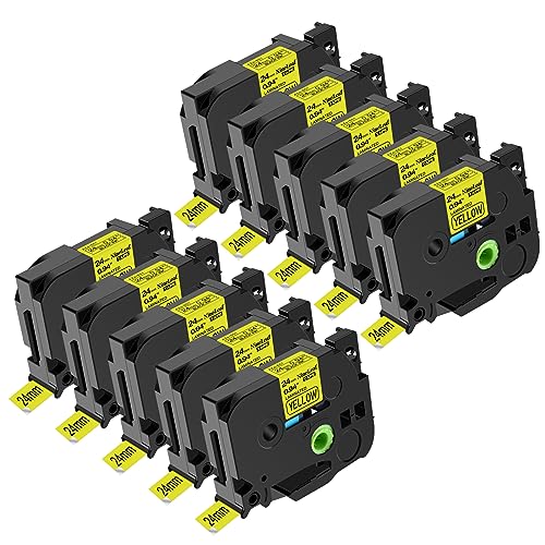 NineLeaf 10 x Kompatibel für Brother P-touch TZe-651 TZe651 TZ-651 TZ651 AZe-651 TZE Schriftband 24mm 0.94'' Schwarz auf Gelb Laminiert Etikettenband für Ptouch PT-D600 D600VP E500 Beschriftungsgerät von NineLeaf