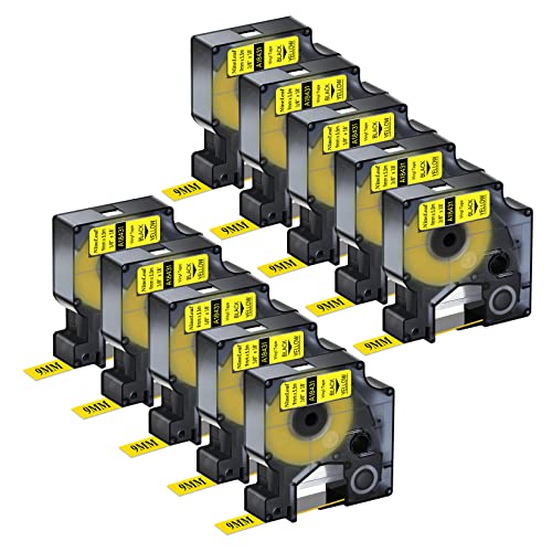 NineLeaf 10 x Kompatibel für Dymo 18431 IND 9mm 3/8'' Schwarz auf Gelb Industrie Vinyl-Etiketten für Rhino 1000 3000 4200 5200 5000 6000 ILP 219 3M PL100 PL150 PL200 PL300 Beschriftungsgerät von NineLeaf