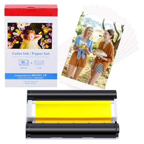 NineLeaf 1PK Ersatz für Canon Selphy CP1300 CP1500 CP1200 CP1000 CP910 CP820 Fotopapier und Kartusche,KP-36IN KP36 Postkarten für Canon Selphy Fotodrucker, 1 Kartusche+36(10x15cm) von NineLeaf