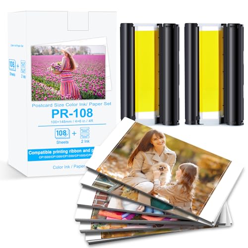 NineLeaf 1PK Ersatz für Canon Selphy CP1300 CP1500 CP1200 CP1000 CP910 CP820 und Kartusche, RP-108 RP-108IN Postkarten für Canon Selphy Fotodrucker, 2 Kartusche+108 FotoPapier (10x15cm) von NineLeaf