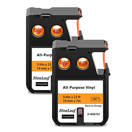 NineLeaf 2 Packung Ersatz für Dymo 1868767 A1868767 19mm x 7m 0.7'' 3/4 Zoll Schwarz auf Orange Bänder Allzweck Vinyl Industrie Schriftband für Rhino XTL-300 XTL-500 Beschriftungsgerät von NineLeaf