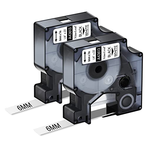 NineLeaf 2 Packung Ersatz für Dymo D1 43613 S0720780 A43613 6mm x 7m 0.23'' Bänder Schwarz auf Weiß Schriftband für LabelManager 160 210D 220P 120P 150 LabelPoint 100 150 200 250 Beschriftungsgerät von NineLeaf