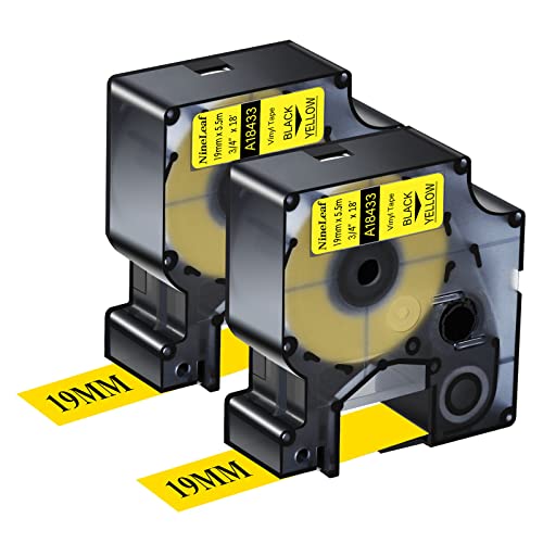 NineLeaf 2 x Kompatibel für Dymo 18433 IND 19mm 3/4'' Schwarz auf Gelb Industrie Vinyl-Etiketten für Rhino 4200 5200 5000 6000 ILP 219 3M PL150 PL200 PL300 Tyco T107M Beschriftungsgerät von NineLeaf