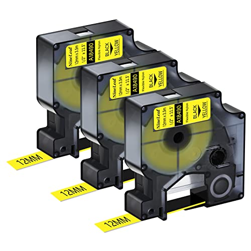 NineLeaf 3 Packung Ersatz für Dymo 18490 A18490 12mm x 3.5m Bänder Schwarz auf Gelb Flexibles Nylon Industrie Schriftband für Rhino 5000 6000 ILP 219 3M PL200 PL300 PL100 PL150 Beschriftungsgerät NineLeaf 3 Packung Ersatz für Dymo 18490 A18490 12mm x 3.5m Bänder Schwarz auf Gelb Flexibles Nylon Industrie Schriftband für Rhino 5000 6000 ILP 219 3M PL200 PL300 PL100 PL150 Beschriftungsgerät von NineLeaf