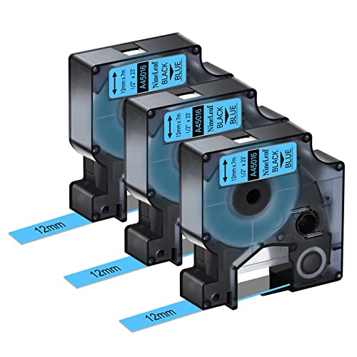 NineLeaf 3 Packung Ersatz für Dymo D1 45016 S0720560 A45016 12mm x 7m 0.47'' Bänder Schwarz auf Blau Schriftband für LabelManager 160 210D 220P 120P LabelPoint 100 150 200 250 Beschriftungsgerät von NineLeaf