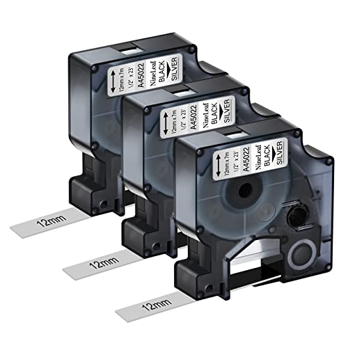 NineLeaf 3 Packung Ersatz für Dymo D1 45022 S0720620 A45022 12mm x 7m 0.47'' Bänder Schwarz auf Silber Schriftband für LabelManager 160 210D 220P 120P LabelPoint 100 150 200 250 Beschriftungsgerät von NineLeaf