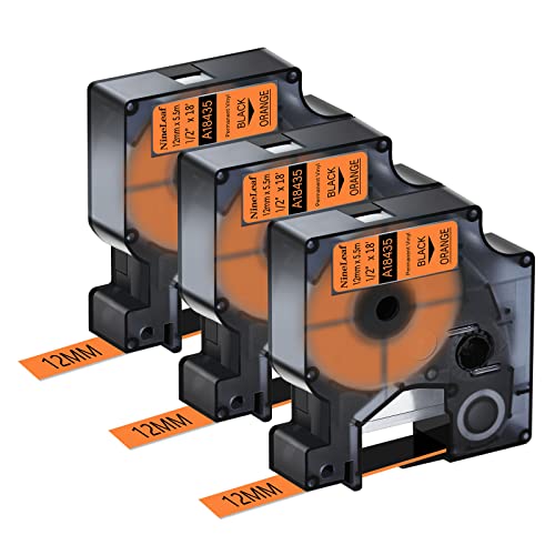 NineLeaf 3 Packung Ersatz für Dymo IND 18435 A18435 12mm x 5.5m Bänder Schwarz auf Orange Vinyl Permanentes Industrie Schriftband für Rhino 1000 4200 5200 ILP 219 3M PL100 PL150 Beschriftungsgerät von NineLeaf