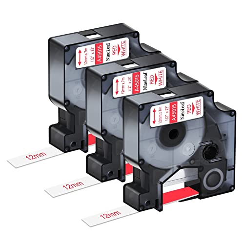 NineLeaf 3 x Kompatibel für Dymo D1 45015 S0720550 A45015 Schriftband 12mm 0.47'' Rot auf Weiß Etikettenband für LabelPoint 100 150 200 250 300 350 Wireless PnP ColorPop Beschriftungsgerät von NineLeaf