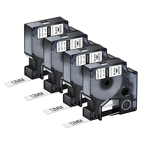 NineLeaf 4 Packung Ersatz für Dymo 18483 A18483 12mm x 5.5m Bänder Schwarz auf Weiß Polyester Permanentes Industrie-Schriftband für Rhino 1000 4200 5200 ILP 219 3M PL100 PL150 Beschriftungsgerät von NineLeaf