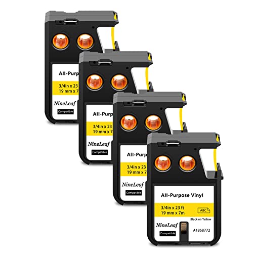 NineLeaf 4 Packung Ersatz für Dymo 1868772 A1868772 19mm x 7m 0.7'' 3/4 Zoll Schwarz auf Gelb Bänder Allzweck Vinyl Industrie Schriftband für Rhino XTL-300 XTL-500 Beschriftungsgerät von NineLeaf