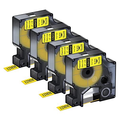 NineLeaf 4 Packung Ersatz für Dymo IND 18432 A18432 12mm x 5.5m Bänder Schwarz auf Gelb Vinyl Permanentes Industrie Schriftband für Rhino 1000 4200 5200 ILP 219 3M PL100 PL150 Beschriftungsgerät NineLeaf 4 Packung Ersatz für Dymo IND 18432 A18432 12mm x 5.5m Bänder Schwarz auf Gelb Vinyl Permanentes Industrie Schriftband für Rhino 1000 4200 5200 ILP 219 3M PL100 PL150 Beschriftungsgerät von NineLeaf