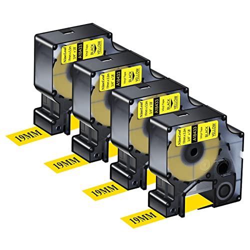 NineLeaf 4 Packung Ersatz für Dymo IND 18433 A18433 19mm x 5.5m Bänder Schwarz auf Gelb Vinyl Permanentes Industrie Schriftband für Rhino 4200 5200 5000 6000 ILP 3M PL150 PL200 Beschriftungsgerät von NineLeaf