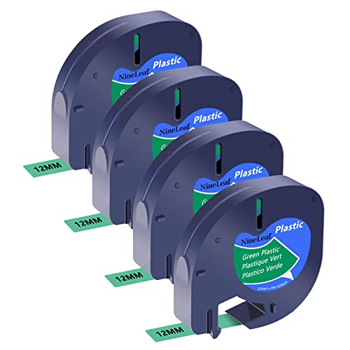 NineLeaf 4 Packung Ersatz für Dymo Letratag 91224 91204 91334 59425 S0721640 12mm x 4m Bänder Schwarz auf Grün Schriftband für LT-100H LT-100T LT-110T Plus QX50 XR XM 2000 Beschriftungsgerät von NineLeaf