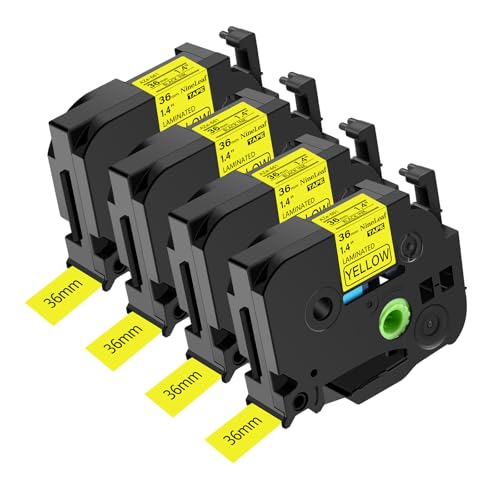 NineLeaf 4 x Ersatz für Brother P-Touch TZe-661 TZ-661 TZe661 TZ661 AZe 36mm 1.4'' Bänder Laminiertes Schwarz auf Gelb Schriftband Kassette für Ptouch PT-9200PC PT-9500PC Beschriftungsgerät von NineLeaf