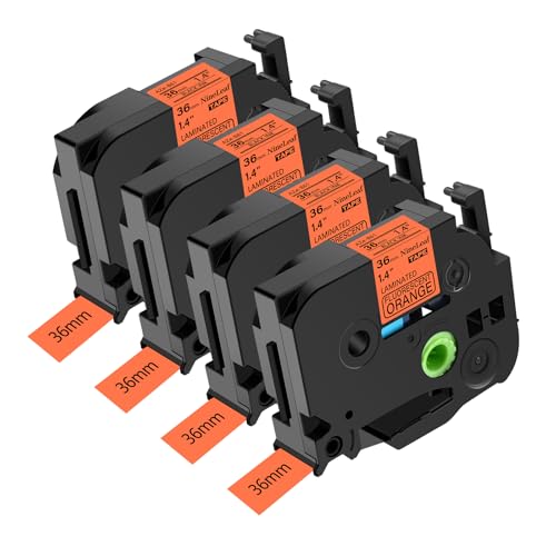 NineLeaf 4 x Ersatz für Brother P-Touch TZe-B61 TZ-B61 TZeB61 TZB61 AZe 36mm 1.4'' Bänder Laminiertes Schwarz auf fluo Orange Schriftband Kassette für Ptouch PT-9200PC PT-9500PC Beschriftungsgerät von NineLeaf