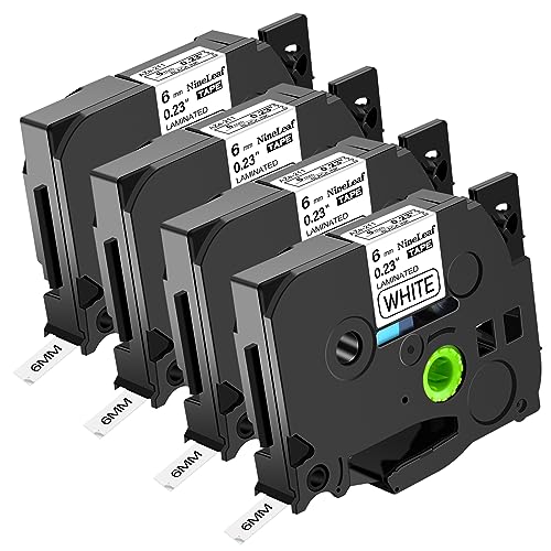 NineLeaf 4 x Kompatibel für Brother P-touch TZe-211 TZe211 TZ-211 TZ211 AZe-211 TZE Schriftband 6mm 0.23'' Schwarz auf weiß Laminiert Etikettenband für Ptouch PT-D600VP D800W E100 Beschriftungsgerät von NineLeaf
