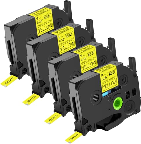 NineLeaf 4 x Kompatibel für Brother P-touch TZe-S621 TZS621 AZe-S621 Schriftband 9mm 0.35'' Extra-Stark Klebend Schwarz auf Gelb Laminiert Etikettenband für Ptouch PT-D600 D400 E100 Beschriftungsgerät von NineLeaf