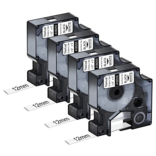 NineLeaf 4 x Kompatibel für Dymo Rhino 18055 S0718300 Schriftband Schwarz auf Weiß Heißschrumpfschlauch 1/2'' 12mm x 1.5m für Drähte Kabel in Rhino 3000 4200 5000 Tyco T107M Industriell Etikettenband von NineLeaf
