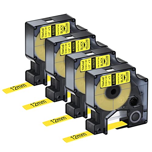 NineLeaf 4 x Kompatibel für Dymo Rhino 18056 S0718310 Schriftband Schwarz auf Gelb Heißschrumpfschlauch 1/2'' 12mm x 1.5m für Drähte Kabel in Rhino 3000 4200 5000 Tyco T107M Industriell Etikettenband von NineLeaf