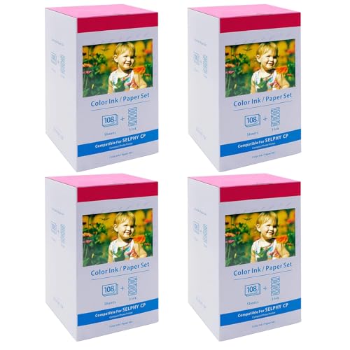 NineLeaf 4PK Kompatibel für Canon Selphy CP1300 CP1500 CP1200 CP1000 CP910 CP820 und Kartusche, KP-108IN 3115B001(AA) Postkarten für Canon Selphy Fotodrucker, 12 Kartusche+432 FotoPapier (100 x 148mm) von NineLeaf