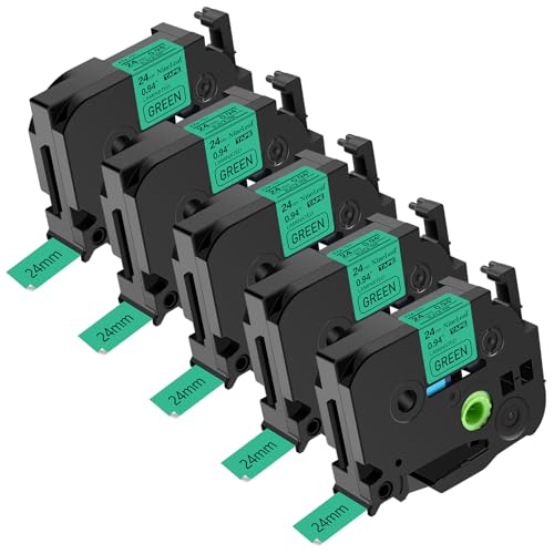 NineLeaf 5 Packung Ersatz für Brother P-Touch TZe-751 TZe751 TZ751 AZe 24mm 0.94'' 8m Laminiertes Schwarz auf Grün Schriftband Bänder für Ptouch PT-D600 D600VP E500VP E550W E550WVP Beschriftungsgerät von NineLeaf