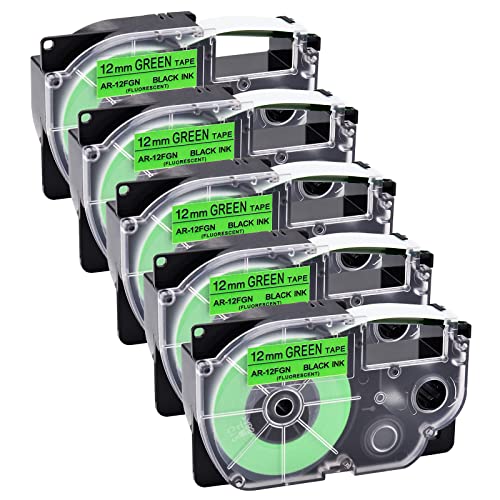 NineLeaf 5 Packung Ersatz für Casio EZ XR12FGN XR-12FGN AR-12FGN XR-12FGN2S XR12FGN2S 12mm x 5m Bänder Schwarz auf Fluoreszierend Grün Schriftband für KL60 KL750 KL750B KL750BA Beschriftungsgerät von NineLeaf