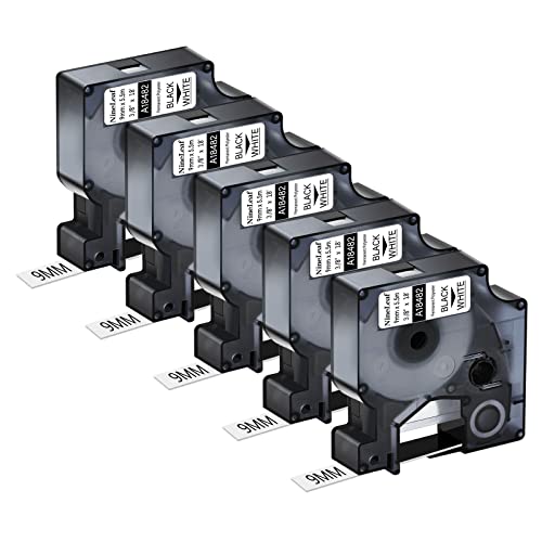 NineLeaf 5 Packung Ersatz für Dymo 18482 A18482 9mm x 5.5m Bänder Schwarz auf Weiß Polyester Permanentes Industrie-Schriftband für Rhino 1000 4200 5200 ILP 219 3M PL100 PL150 Beschriftungsgerät von NineLeaf