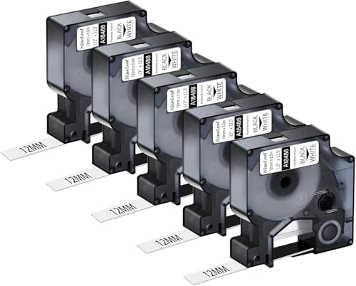 NineLeaf 5 Packung Ersatz für Dymo 18488 A18488 12mm x 3.5m Bänder Schwarz auf Weiß Flexibles Nylon Industrie Schriftband für Rhino 5000 6000 ILP 219 3M PL200 PL300 PL100 PL150 Beschriftungsgerät von NineLeaf