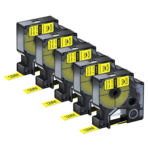 NineLeaf 5 Packung Ersatz für Dymo 18490 A18490 12mm x 3.5m Bänder Schwarz auf Gelb Flexibles Nylon Industrie Schriftband für Rhino 5000 6000 ILP 219 3M PL200 PL300 PL100 PL150 Beschriftungsgerät von NineLeaf