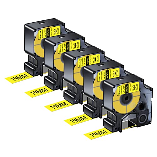NineLeaf 5 Packung Ersatz für Dymo 18491 A18491 19mm x 3.5m Bänder Schwarz auf Gelb Flexibles Nylon Industrie Schriftband für Rhino 4200 5200 5000 6000 ILP 219 3M PL150 3M PL200 Beschriftungsgerät von NineLeaf