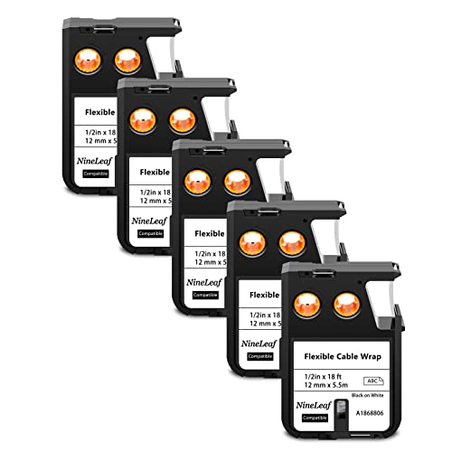 NineLeaf 5 Packung Ersatz für Dymo 1868806 A1868806 12mm x 5.5m 0.47'' 1/2 Zoll Schwarz auf Weiß Bänder Flexible Kabelummantelung Nylon Schriftband für Rhino XTL-300 XTL-500 Beschriftungsgerät von NineLeaf