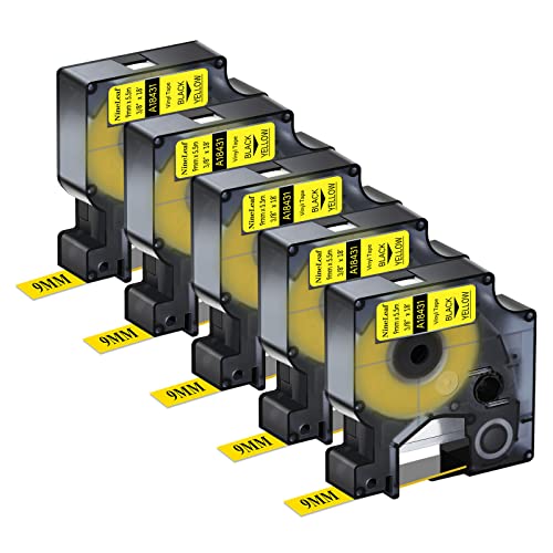 NineLeaf 5 Packung Ersatz für Dymo IND 18431 A18431 9mm x 5.5m Bänder Schwarz auf Gelb Vinyl Permanentes Industrie Schriftband für Rhino 1000 4200 5200 ILP 219 3M PL100 PL150 Beschriftungsgerät von NineLeaf