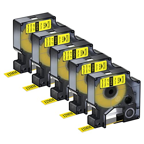 NineLeaf 5 Packung Ersatz für Dymo IND 18432 A18432 12mm x 5.5m Bänder Schwarz auf Gelb Vinyl Permanentes Industrie Schriftband für Rhino 1000 4200 5200 ILP 219 3M PL100 PL150 Beschriftungsgerät von NineLeaf
